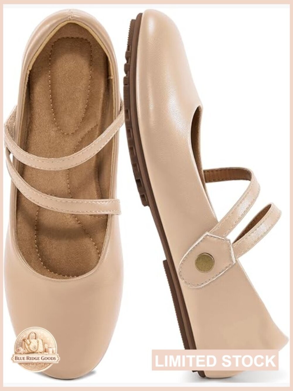 Round Toe Ballet Flats with Adjustable Straps, Cushioned Insole, Slip Resistant